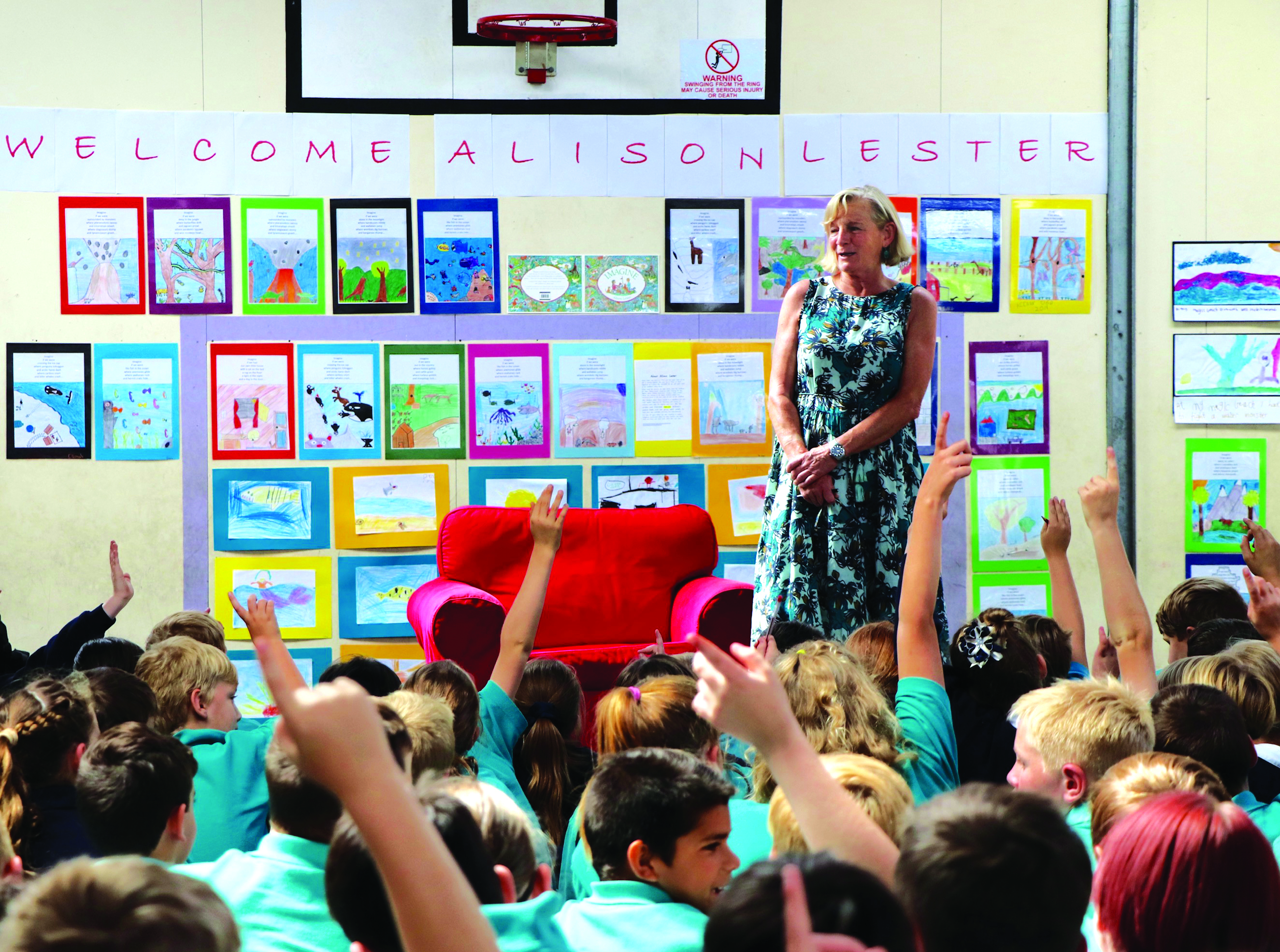 Author Alison Lester speaking to group of school children